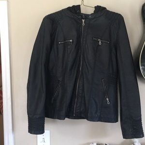 Black XXL women's faux moto jacket with hoodie